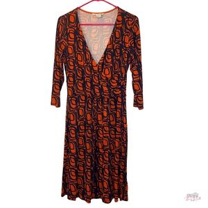 Boden Jersey Knit Faux Wrap Dress Navy Blue Orange Geometric Print US 10R